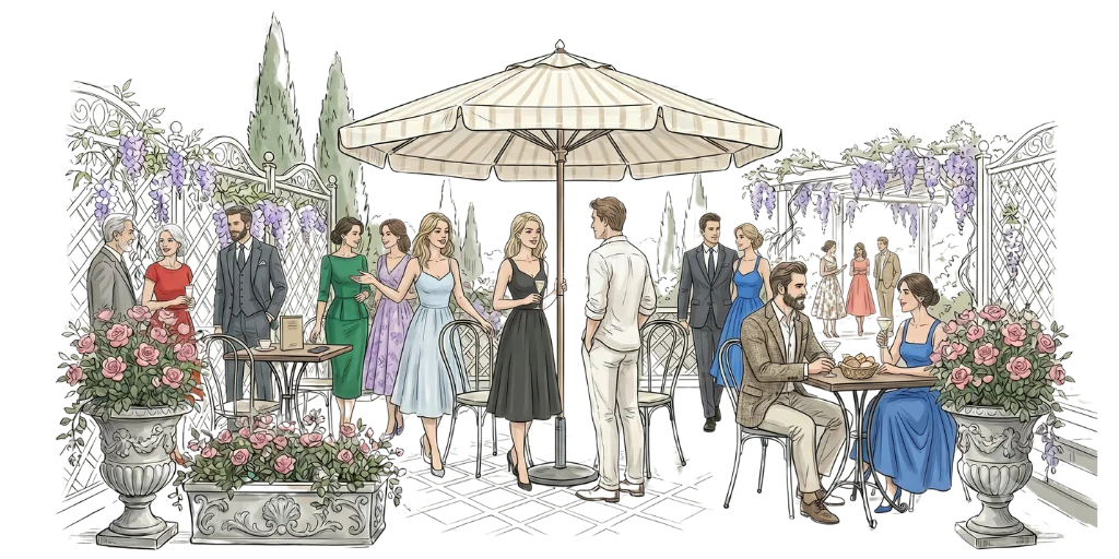 Cocktail attire — bahçe partisinde şık giyimli davetliler